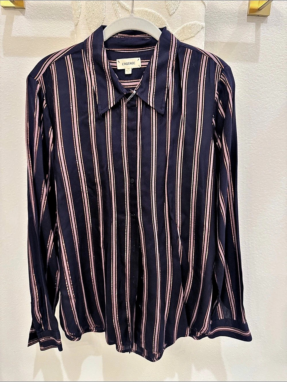 L'AGENCE Striped Long Sleeve Button-Up Top Blue & Pink Medium